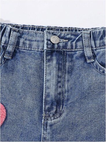 Wdirara Girl's Star Heart Print Denim Pants مرنة الخصر جينز مستقيم الساق مع جيوب in Saudi Arabia