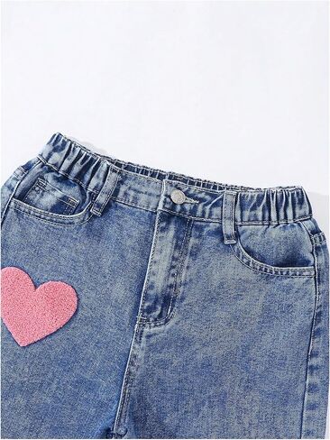 Wdirara Girl's Star Heart Print Denim Pants مرنة الخصر جينز مستقيم الساق مع جيوب in Saudi Arabia