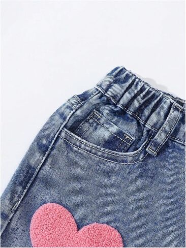 Wdirara Girl's Star Heart Print Denim Pants مرنة الخصر جينز مستقيم الساق مع جيوب in Saudi Arabia