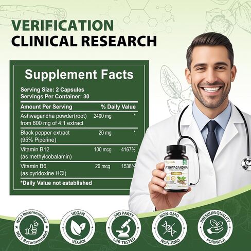 Ashwagandha Supplements 2400mg Organic with Black Pepper Vitamin B12 & B6 for Max Absorption Stress Relief Sleep Support & Athletic Performance for Men & Women 60 Capsules in Saudi Arabia