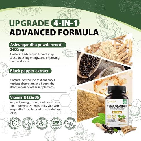 Ashwagandha Supplements 2400mg Organic with Black Pepper Vitamin B12 & B6 for Max Absorption Stress Relief Sleep Support & Athletic Performance for Men & Women 60 Capsules in Saudi Arabia