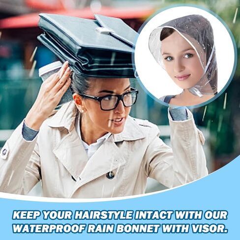 Rain Bonnet with Visor, 10PCS Waterproof Plastic Rain Cap to Protect Hairstyle, Windproof Rain Hat with Tie, Portable Clear Rain Caps, Rain Caps for Women in Saudi Arabia