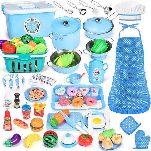 121Pcs Play Kitchen Accessories, Kids Kitchen Playset, Pretend Play Food Tea Party Set, Toy Kitchen Kids Cooking Real with Apron＆Chef Hat, Utensils Cookware Pots＆Pans, Toy Organizer, Toddler Toys Gift in Saudi Arabia