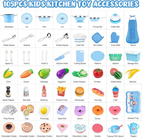 121Pcs Play Kitchen Accessories, Kids Kitchen Playset, Pretend Play Food Tea Party Set, Toy Kitchen Kids Cooking Real with Apron＆Chef Hat, Utensils Cookware Pots＆Pans, Toy Organizer, Toddler Toys Gift in Saudi Arabia