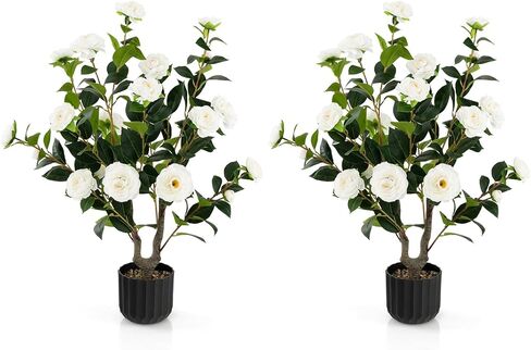 Goplus 38’’ Artificial Camellia Tree, 2 Pack Flower Plants Artificial Tree, Faux Floral Plant Blooming Tree in Cement Pot, Greenery Potted Plant for Indoor Outdoor Office Home Porch Decor in Saudi Arabia