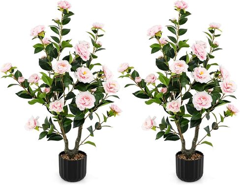 Goplus 38’’ Artificial Camellia Tree, 2 Pack Flower Plants Artificial Tree, Faux Floral Plant Blooming Tree in Cement Pot, Greenery Potted Plant for Indoor Outdoor Office Home Porch Decor in Saudi Arabia