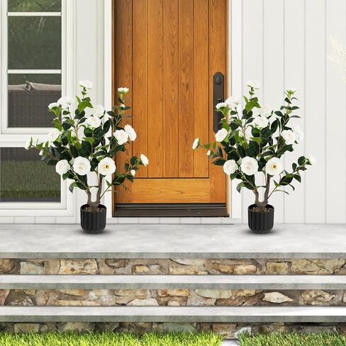 Goplus 38’’ Artificial Camellia Tree, 2 Pack Flower Plants Artificial Tree, Faux Floral Plant Blooming Tree in Cement Pot, Greenery Potted Plant for Indoor Outdoor Office Home Porch Decor in Saudi Arabia