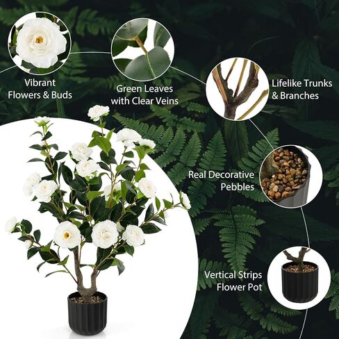 Goplus 38’’ Artificial Camellia Tree, 2 Pack Flower Plants Artificial Tree, Faux Floral Plant Blooming Tree in Cement Pot, Greenery Potted Plant for Indoor Outdoor Office Home Porch Decor in Saudi Arabia