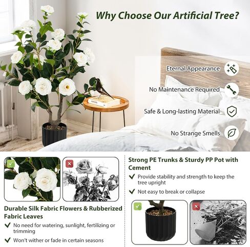 Goplus 38’’ Artificial Camellia Tree, 2 Pack Flower Plants Artificial Tree, Faux Floral Plant Blooming Tree in Cement Pot, Greenery Potted Plant for Indoor Outdoor Office Home Porch Decor in Saudi Arabia