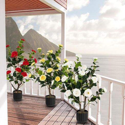 Goplus 38’’ Artificial Camellia Tree, 2 Pack Flower Plants Artificial Tree, Faux Floral Plant Blooming Tree in Cement Pot, Greenery Potted Plant for Indoor Outdoor Office Home Porch Decor in Saudi Arabia