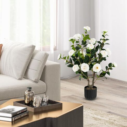 Goplus 38’’ Artificial Camellia Tree, 2 Pack Flower Plants Artificial Tree, Faux Floral Plant Blooming Tree in Cement Pot, Greenery Potted Plant for Indoor Outdoor Office Home Porch Decor in Saudi Arabia