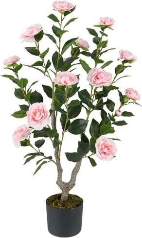 Goplus 38’’ Artificial Camellia Tree, 2 Pack Flower Plants Artificial Tree, Faux Floral Plant Blooming Tree in Cement Pot, Greenery Potted Plant for Indoor Outdoor Office Home Porch Decor in Saudi Arabia