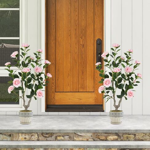 Goplus 38’’ Artificial Camellia Tree, 2 Pack Flower Plants Artificial Tree, Faux Floral Plant Blooming Tree in Cement Pot, Greenery Potted Plant for Indoor Outdoor Office Home Porch Decor in Saudi Arabia