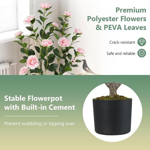 Goplus 38’’ Artificial Camellia Tree, 2 Pack Flower Plants Artificial Tree, Faux Floral Plant Blooming Tree in Cement Pot, Greenery Potted Plant for Indoor Outdoor Office Home Porch Decor in Saudi Arabia