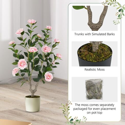 Goplus 38’’ Artificial Camellia Tree, 2 Pack Flower Plants Artificial Tree, Faux Floral Plant Blooming Tree in Cement Pot, Greenery Potted Plant for Indoor Outdoor Office Home Porch Decor in Saudi Arabia