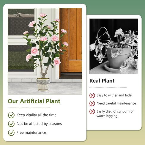Goplus 38’’ Artificial Camellia Tree, 2 Pack Flower Plants Artificial Tree, Faux Floral Plant Blooming Tree in Cement Pot, Greenery Potted Plant for Indoor Outdoor Office Home Porch Decor in Saudi Arabia