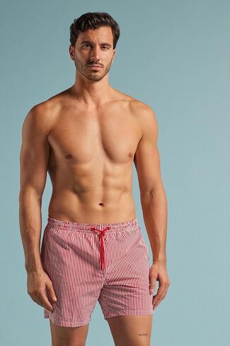 Man's Red Stripe Print Swim Trunks in Saudi Arabia