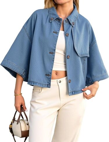 Tankaneo Womens Cropped Denim Jackets Casual Button Down Jean Shirt Shacket Loose 3/4 Sleeve Coat with Pockets in Saudi Arabia