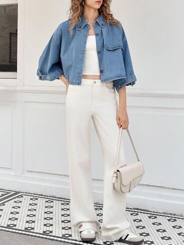 Tankaneo Womens Cropped Denim Jackets Casual Button Down Jean Shirt Shacket Loose 3/4 Sleeve Coat with Pockets in Saudi Arabia