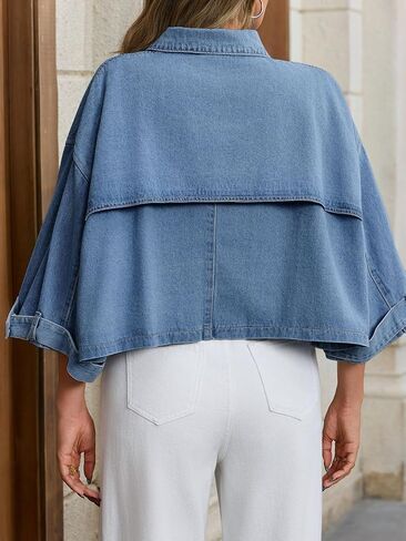 Tankaneo Womens Cropped Denim Jackets Casual Button Down Jean Shirt Shacket Loose 3/4 Sleeve Coat with Pockets in Saudi Arabia