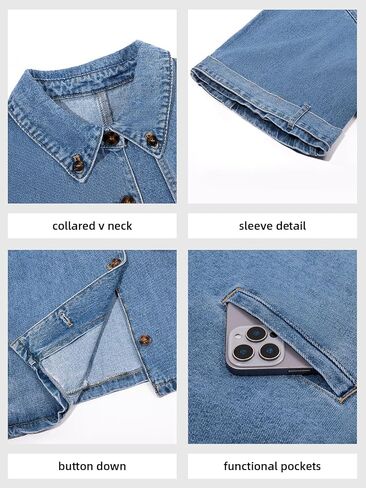Tankaneo Womens Cropped Denim Jackets Casual Button Down Jean Shirt Shacket Loose 3/4 Sleeve Coat with Pockets in Saudi Arabia