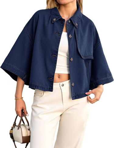 Tankaneo Womens Cropped Denim Jackets Casual Button Down Jean Shirt Shacket Loose 3/4 Sleeve Coat with Pockets in Saudi Arabia