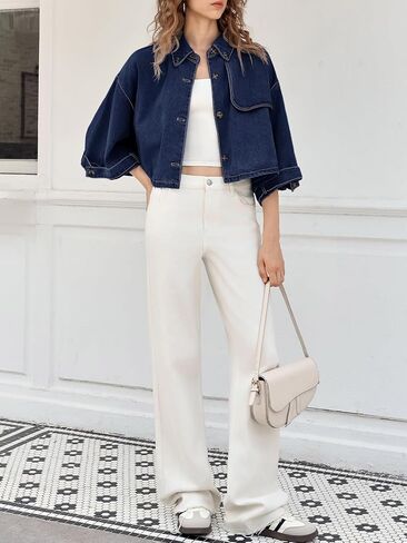 Tankaneo Womens Cropped Denim Jackets Casual Button Down Jean Shirt Shacket Loose 3/4 Sleeve Coat with Pockets in Saudi Arabia
