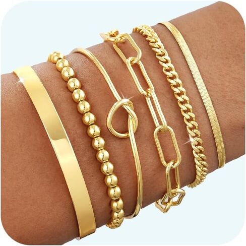 Gold/Silver Bracelets for Women Dainty 14K Gold Plated Bangle Bracelet Stack Waterproof Stackable Jewelry Set Non Tarnish Link Chain Adjustable Jewelry Gifts in Kuwait