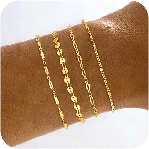Gold/Silver Bracelets for Women Dainty 14K Gold Plated Bangle Bracelet Stack Waterproof Stackable Jewelry Set Non Tarnish Link Chain Adjustable Jewelry Gifts in Kuwait