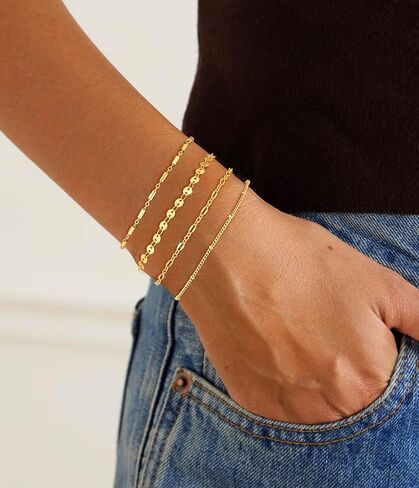 Gold/Silver Bracelets for Women Dainty 14K Gold Plated Bangle Bracelet Stack Waterproof Stackable Jewelry Set Non Tarnish Link Chain Adjustable Jewelry Gifts in Kuwait