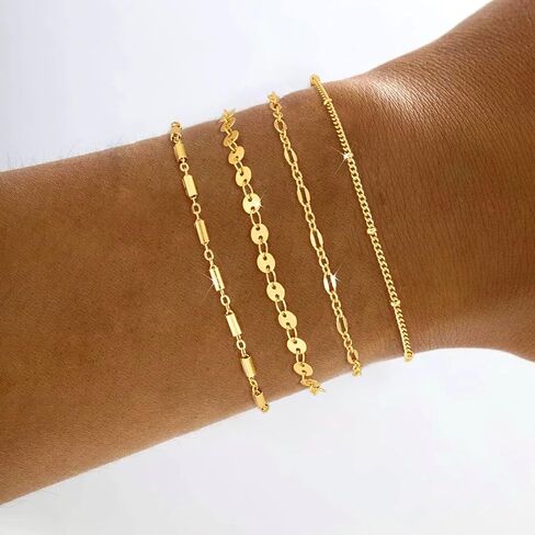 Gold/Silver Bracelets for Women Dainty 14K Gold Plated Bangle Bracelet Stack Waterproof Stackable Jewelry Set Non Tarnish Link Chain Adjustable Jewelry Gifts in Kuwait