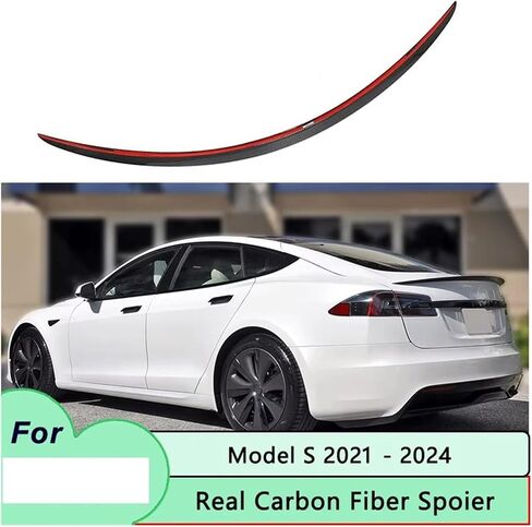 متوافق مع Tesla Model S 2024-2021 ألياف الكربون الحقيقية المفسد الخلفي Tail Wing Trunk Lip Spoiler Apoying Auto Outso (ألياف الكربون اللامعة) in Saudi Arabia