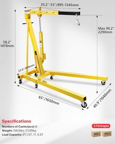 2-Ton Hydraulic Shop Crane Folding Engine Hoist with Lever, 4400Lbs Capacity w/6 Steel Casters - Heavy-Duty Portable Car Lift for Truck Engines, Boat Motors, Farm Equipment (Net Wt. 168 lbs) in Kuwait