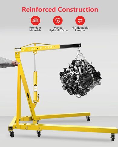2-Ton Hydraulic Shop Crane Folding Engine Hoist with Lever, 4400Lbs Capacity w/6 Steel Casters - Heavy-Duty Portable Car Lift for Truck Engines, Boat Motors, Farm Equipment (Net Wt. 168 lbs) in Kuwait