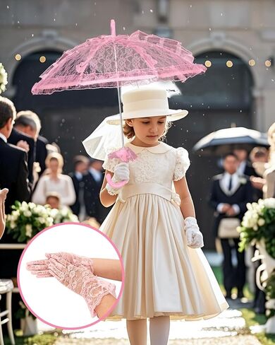 المظلة ذات الدانتيل الأبيض المصغرة مع قفازات زهرية للفتيات الذين تتراوح أعمارهم بين 5-12 من مظلة الزفاف القديمة للفتيات الزهور ، المظلة الدانتيل الزفاف للأطفال لحفل الشاي ودائم الصور in Kuwait