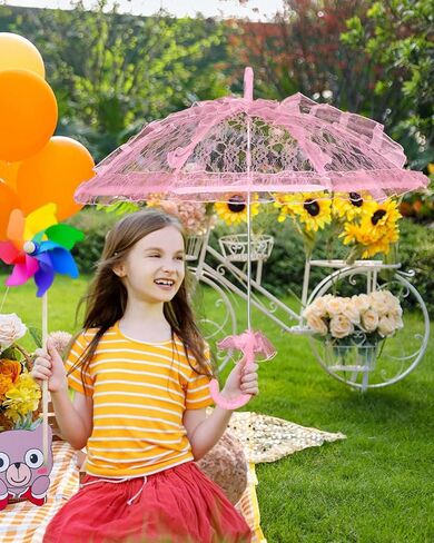 المظلة ذات الدانتيل الأبيض المصغرة مع قفازات زهرية للفتيات الذين تتراوح أعمارهم بين 5-12 من مظلة الزفاف القديمة للفتيات الزهور ، المظلة الدانتيل الزفاف للأطفال لحفل الشاي ودائم الصور in Kuwait