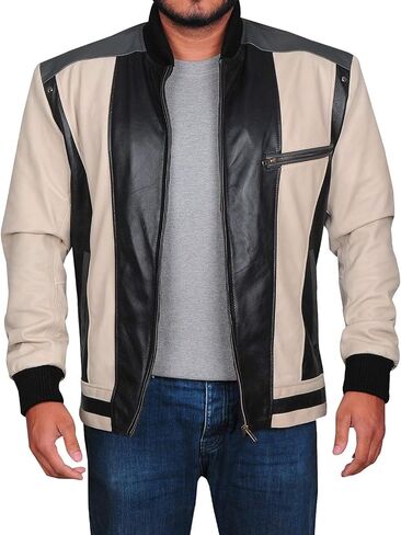 Hide & Seek Mens Varsity Classic School Bomber Black and beige Color Day Off Student Biker Retro 80’s Leather Jacket in Kuwait