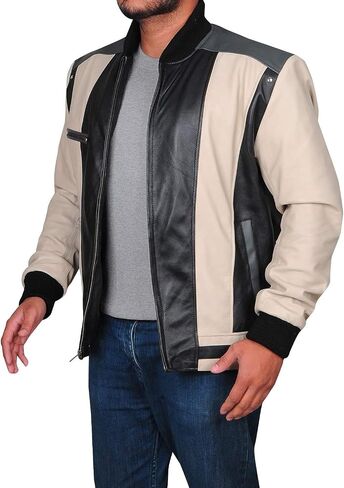 Hide & Seek Mens Varsity Classic School Bomber Black and beige Color Day Off Student Biker Retro 80’s Leather Jacket in Kuwait