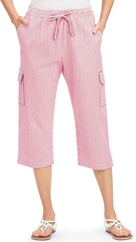 Collections Etc Striped Seersucker Drawstring Cargo Pocket Capri Pants in Kuwait