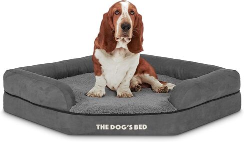 سرير الكلب ذو رغوة الذاكرة لتقويم العظام ومضاد للماء على شكل زاوية من The Dog's Bed، متوسط ​​الحجم، قطيفة باللون الرمادي، يخفف من آلام التهاب المفاصل وخلل التنسج الوركي، غطاء من القماش المخملي العلاجي والداعم وقابل للغسل in Kuwait