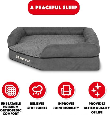 سرير الكلب ذو رغوة الذاكرة لتقويم العظام ومضاد للماء على شكل زاوية من The Dog's Bed، متوسط ​​الحجم، قطيفة باللون الرمادي، يخفف من آلام التهاب المفاصل وخلل التنسج الوركي، غطاء من القماش المخملي العلاجي والداعم وقابل للغسل in Kuwait