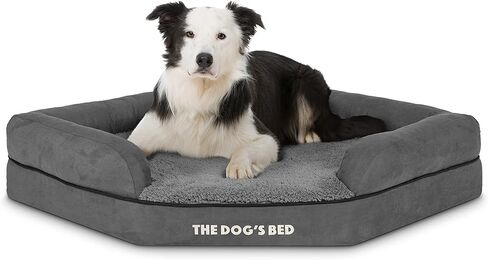 سرير الكلب ذو رغوة الذاكرة لتقويم العظام ومضاد للماء على شكل زاوية من The Dog's Bed، متوسط ​​الحجم، قطيفة باللون الرمادي، يخفف من آلام التهاب المفاصل وخلل التنسج الوركي، غطاء من القماش المخملي العلاجي والداعم وقابل للغسل in Kuwait