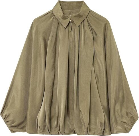 FindThy Women’s Puffed Bomber Jacket Trendy Lapel Collar Long Batwing Sleeve Front Zip Oversized Shirts in Saudi Arabia
