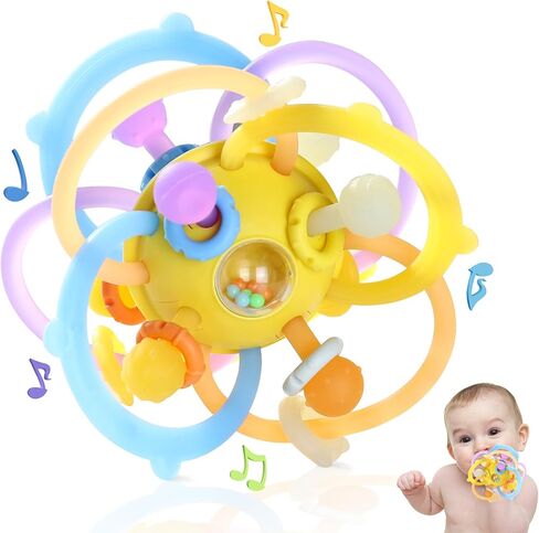 Baby Rattle Ball Teething Toys for 0 3 6 9 12 18 Months Boys Girls, Brown | Silicone Montessori Teethers with Rattle Ball for Newborn Infant, Sensory Delopmental Gift in Saudi Arabia