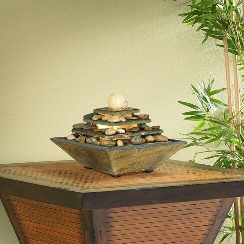 Pyramid 10" High Small Zen Modern Indoor Decor Slate Stone Tabletop Fountain with Light Waterfall Feng Shui Ball Rock Water Feature for Desk Relaxation Bedroom Living Room Countertop - John Timberland in Saudi Arabia