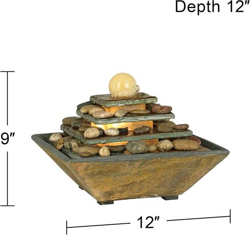 Pyramid 10" High Small Zen Modern Indoor Decor Slate Stone Tabletop Fountain with Light Waterfall Feng Shui Ball Rock Water Feature for Desk Relaxation Bedroom Living Room Countertop - John Timberland in Saudi Arabia