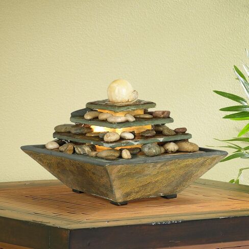 Pyramid 10" High Small Zen Modern Indoor Decor Slate Stone Tabletop Fountain with Light Waterfall Feng Shui Ball Rock Water Feature for Desk Relaxation Bedroom Living Room Countertop - John Timberland in Saudi Arabia