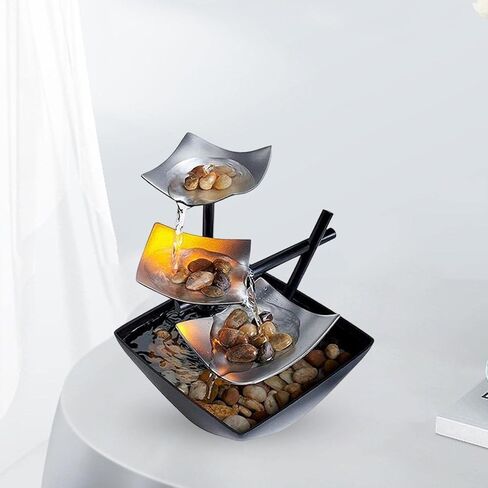 ميزة ماء طاولة صغيرة للاسترخاء ، ميزة ماء USB مضاءة بالضوء للمكتب الداخلي للمكتب الداخلي Feng Shui Decor Ornament ، 15cmx15cmx20 سم ، والفضة السوداء in Saudi Arabia