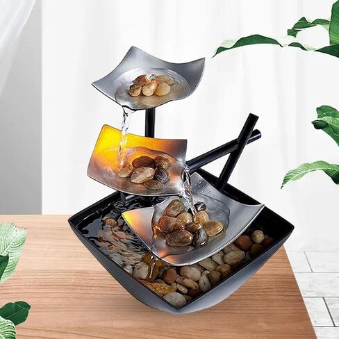 ميزة ماء طاولة صغيرة للاسترخاء ، ميزة ماء USB مضاءة بالضوء للمكتب الداخلي للمكتب الداخلي Feng Shui Decor Ornament ، 15cmx15cmx20 سم ، والفضة السوداء in Saudi Arabia