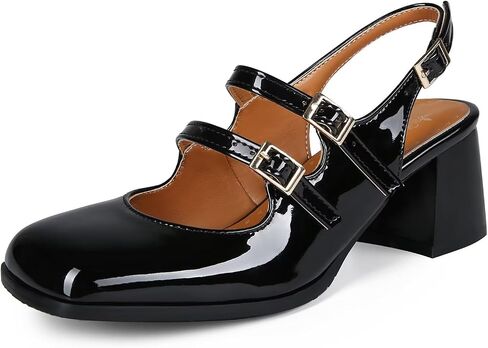 KISSASA Punk Goth Chunky Mary Janes Patent Leather Slingback Square Toe Pumps Metallic Heels in Saudi Arabia